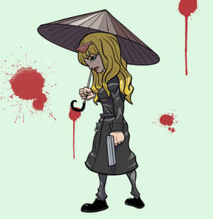 穿著風衣的Q版動漫女孩，手持雨傘和槍，帶有血跡。 — Pixel 9 Pro Fold 壁紙