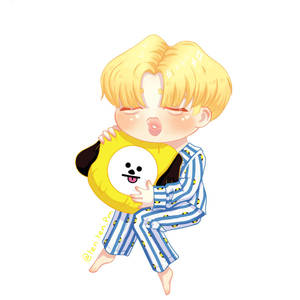 穿著睡衣的動漫男孩抱著BT21毛絨玩具。 — 奇米 BT21 壁紙