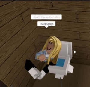 Roblox虛擬角色坐在木房間馬桶上，帶有對話框 — Roblox 女孩 壁紙
