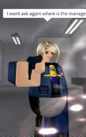 Roblox角色在辦公室走廊中手持槍和Minion絨毛玩偶。 — Infinix Xpad 20 壁紙