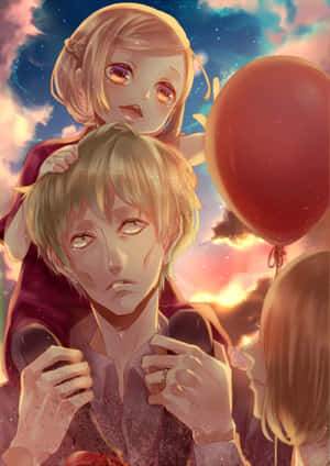 動漫角色，女孩坐在男孩肩膀上，在日落時拿著紅色氣球。 — 魔法少女小圓 壁紙