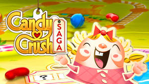 Candy Crush Saga遊戲標誌，配以開心卡通角色和色彩繽紛的糖果。 — 可愛 壁紙
