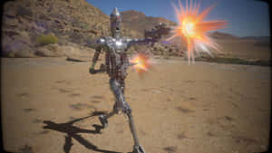 機器人在沙漠景觀中發射武器。 — 星際大戰 壁紙