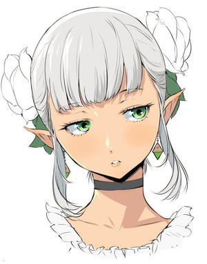 銀色頭髮、綠色眼睛、戴著花卉飾品的動漫精靈女孩。 — 異世界餐廳 壁紙
