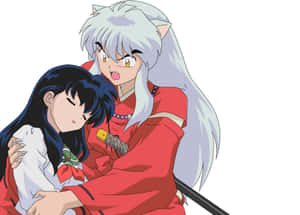 銀髮持劍的動漫惡魔輕輕抱著一個穿著紅色和服的睡著女孩。 — 日神神楽 壁紙