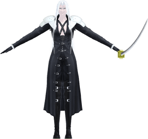 銀發動漫戰士穿著黑色外套手持彎曲的劍。 — 切腹 壁紙