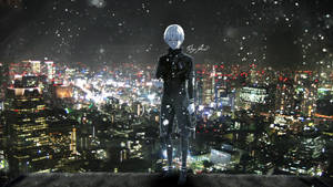 動漫角色在夜晚俯瞰雪城，燈光閃爍。 — 東京 壁紙