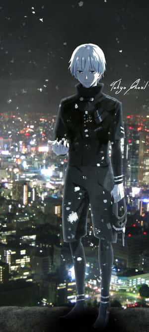 動漫角色俯瞰夜晚的東京，雪花飄落，城市燈光閃爍。 — Pixel 9 壁紙