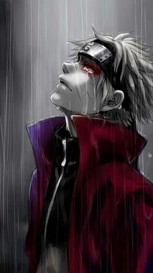 紅眼銀髮的動漫角色，身披紅色斗篷，站在大雨中。 — 酷 naruto 壁紙