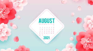 以剪紙櫻花和花瓣裝飾的2021年8月月曆。 — 八月 壁紙