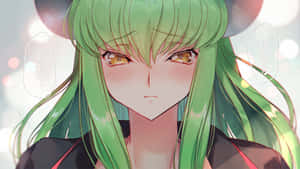 一個長著綠色頭髮和琥珀色眼睛的動漫女孩，在帶有日語文字氣泡的柔和肖像中。 — 澤爾德里斯 壁紙