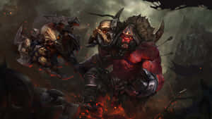 幻想獸人戰士在火熱的戰鬥場景中手持骷髏斧。 — Dota 2 4K 壁紙