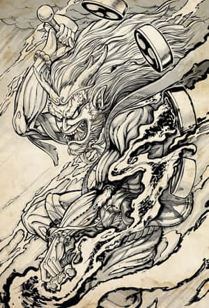 兇猛惡魔戰士在動態黑白墨水插圖中揮舞錘子。 — 混沌武士 壁紙