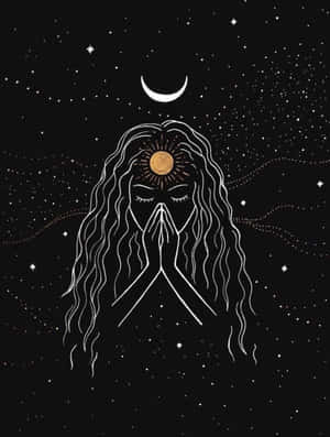 一個長髮的人在彎月和星星下祈禱，額頭上有金色的太陽圓盤。 — 靈性動圖 壁紙