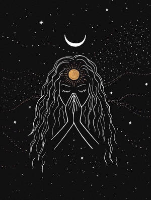 一個長髮的人在新月和星星下祈禱。 — 靈性動圖 壁紙