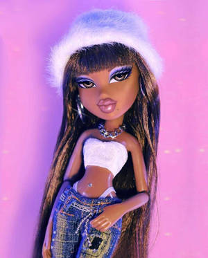 Bratz 公仔穿著牛仔褲和毛絨帽，背景是發光的粉紅色 — 動畫女孩 壁紙