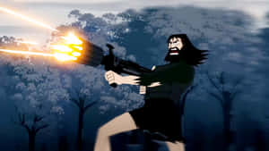 動漫戰士在雪林中於黃昏發射發光武器。 — 鬼殺隊 善逸 壁紙