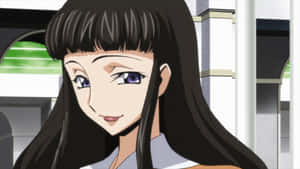 長黑髮紫眼的動漫女孩在現代建築中微笑。 — 伊莉莎白女王 壁紙