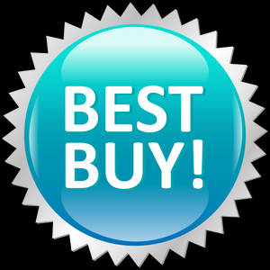 一個藍色和銀色的「BEST BUY!」促銷徽章圖形。