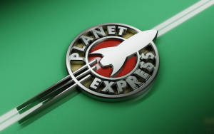 帶有火箭徽章的 Planet Express 標誌，位於帶有白色條紋的綠色背景上 — 標誌 壁紙