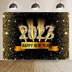 節日金色和黑色新年2023背景，帶有閃粉和鑽石文字。 — 聖誕燈飾 壁紙