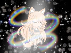 閉著眼睛的Q版狐狸女孩被星星和彩虹漩渦包圍在太空中。 — 電玩遊戲 GIF 壁紙