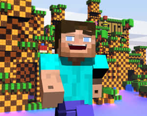Minecraft Steve在一個有發光水的方塊森林中微笑。 — 我的世界 壁紙