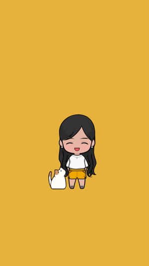 一個微笑的Q版女孩，在黃色背景上有一隻白貓。 — 可愛卡通 壁紙