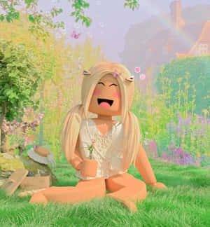 一個微笑的Roblox角色坐在色彩繽紛的花園中，有飄浮的泡泡和蝴蝶。 — 榮耀Magic V6 壁紙
