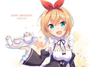 動漫女僕女孩端茶，附有生日祝福和花卉閃光。 — 低飽和 壁紙