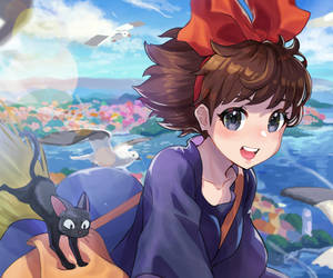 動漫女孩戴紅色蝴蝶結和黑貓在海邊小鎮與海鷗 — 可愛動漫女孩 壁紙