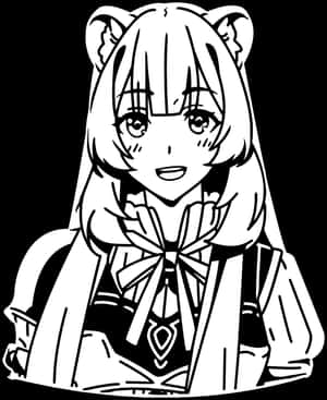 動漫女孩戴貓耳和蝴蝶結，黑白線條藝術微笑。 — Galaxy Z Fold 5 壁紙