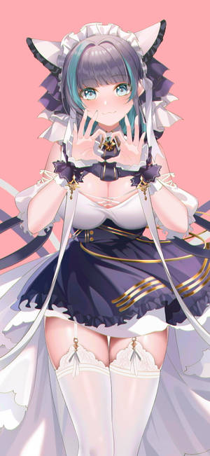 動漫女孩穿著女僕裝，戴著貓耳，微笑著做出心形手勢。 — Pixel 9 Pro 壁紙