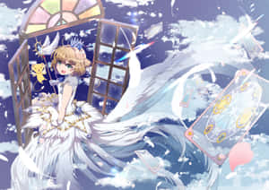 動漫女孩，擁有天使翅膀和魔法卡牌，漂浮在彩色玻璃窗中。 — 庫洛魔法使 壁紙