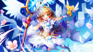 動漫女孩擁有翅膀和魔法杖，被櫻花和一個小生物包圍。 — 庫洛魔法使 壁紙