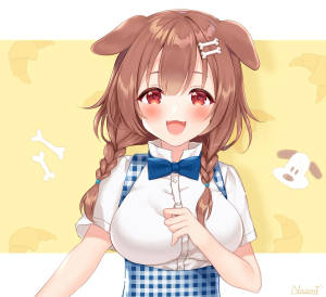有狗耳朵和辮子的動漫女孩，穿著帶藍色蝴蝶結的校服。 — 中性風格的動畫女孩 壁紙
