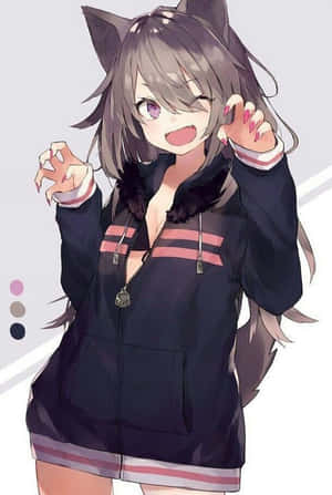 有貓耳和尾巴的動漫女孩穿著帶有粉紅色條紋的深色外套。 — 狼少女 壁紙