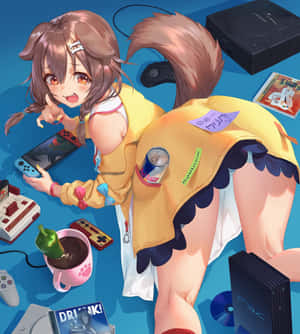 動漫女孩有狐狸尾巴，被遊戲設備包圍在藍色地板上。 — 小米 Mix Fold 4 壁紙