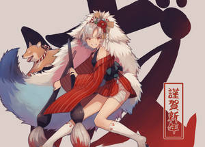 有狐狸耳朵的動漫女孩和狐狸同伴穿著傳統服飾慶祝新年。 — 卡通狗 壁紙