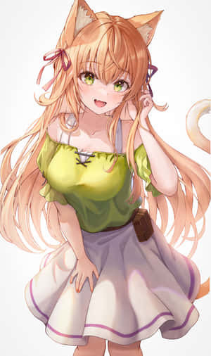 有狐狸耳朵和尾巴的動漫女孩，穿著綠色上衣和白色裙子。 — 野獸先生 壁紙