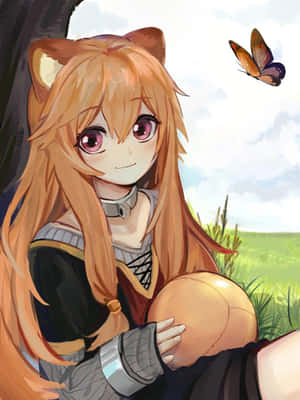 有狐狸耳朵的動漫女孩在草地上拿著一個球，蝴蝶飛過。 — 拉芙塔莉雅 壁紙