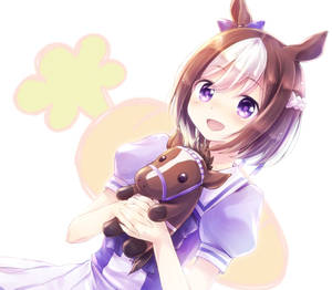有馬耳朵的動漫女孩抱著一個馬毛絨玩具，背景發光。 — 高解析度馬匹 壁紙