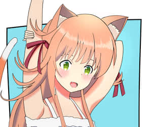 有貓耳的動漫女孩穿著白色連衣裙快樂地伸展。 — 魔物獵人 壁紙