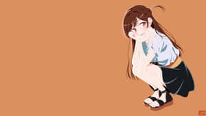 動漫女孩在橙色背景上蹲著微笑 — 可愛動漫女孩 壁紙