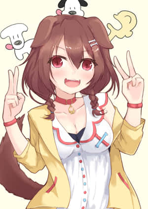 動漫女孩，棕色頭髮和紅色眼睛，與漂浮狗精靈做出和平手勢。 — Vivo Pad5e 壁紙
