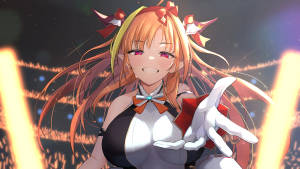 動漫女孩，橙色頭髮和紅色眼睛，微笑著手持發光法杖。 — 8K 壁紙