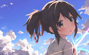 雙馬尾的動漫女孩仰望有雲的晴天。 — 動漫 壁紙