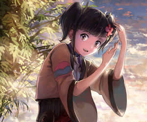 動漫女孩雙馬尾和花在夕陽天空下微笑 — 美麗的夜晚 壁紙