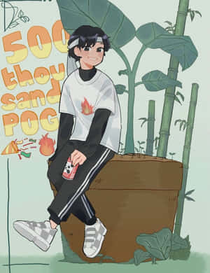 穿著休閒服的動漫女孩坐在有竹子和汽水罐的花盆上 — 插畫 壁紙