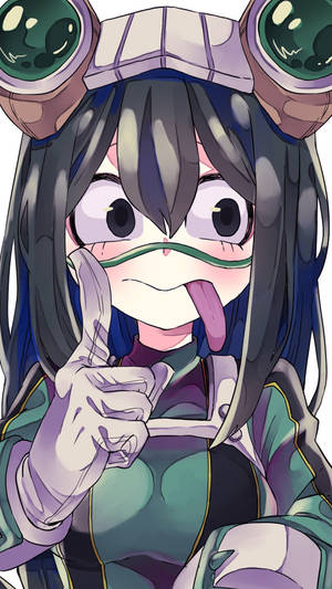 戴護目鏡的動漫女孩眨眼並伸出舌頭，豎起大拇指。 — 蛙吹梅雨 壁紙